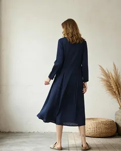Robe midi élégante en coton et lin bleu marine, manches longues, col rond, style bohème, coupe ample, décontractée, à porter au quotidien - Product Image 5