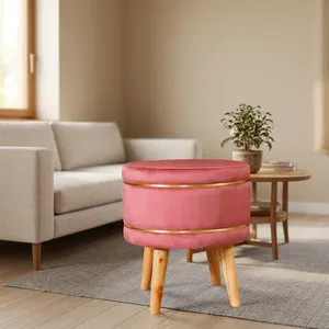 Pink Leather Eco-Friendly Handmade Ottoman <b>Stool</b> Gold Accent Band Wooden Legs Modern Footrest Seating Entry Living Room Bedroom - Product Image 1