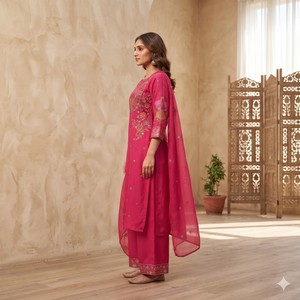 Ensemble d'été 3 pièces décontracté pour femme en mousseline de coton rose uni à manches trois-quarts, longueur totale, respirant - Product Image 6