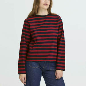 Camiseta Básica para Mujer, Cuello Redondo, Manga Larga, a Rayas, Transpirable, Ligera, Suave y Cómoda, 100% Algodón, Talla Adulto - Product Image 1