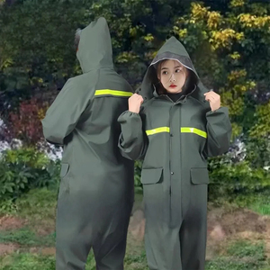 Hooded One-piece Raincoat <b>Jumpsuit</b> Polyester Waterproof Windproof Breathable Green Reflective Strip <b>Men</b> Women Outdoor Use - Product Image 2