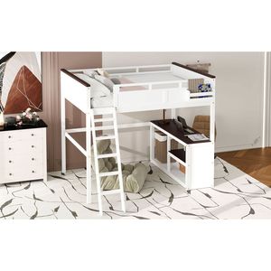 Letto a soppalco matrimoniale con scrivania bianca, ripiano aperto, contenitore portaoggetti e stazione di ricarica USB - Product Image 4