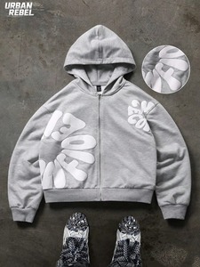 Sudadera con capucha unisex informal de hip hop con cremallera y estampado, de forro polar de algodón de 280 g, holgada, con forro satinado, estilo streetwear para otoño. - Product Image 3