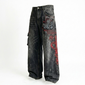 Pantalon en jean de luxe pour homme, style américain, orné de strass, tie-dye, coupe ample et large, style urbain - Product Image 5