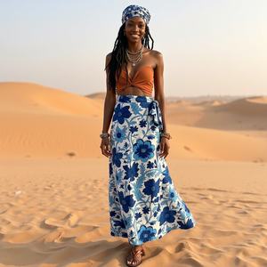 กระโปรงผ้าฝ้ายพิมพ์ลายดอกไม้สีฟ้าสีดำสำหรับผู้หญิง-สวมใส่สบายระบายอากาศได้ตลอดทั้งวันสำหรับฤดูร้อนชายหาดแฟชั่น - Product Image 6