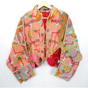 Eco-Friendly 100% Cotton Kantha Handmade Floral Printed Open <b>Jacket</b> Hand Quilted Detail Non Woven Knitted Process Spring Autumn - Product Image 2