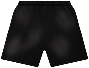 Elasticated Drawstring Waistband Silver-tone Side Pockets Raw-cut Hem <b>Black</b> Color Sun Faded Washed 100% Cotton Distressed Shorts - Product Image 4