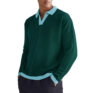 เสื้อโปโลถักแขนยาวคอปกตัดสีสำหรับผู้ชาย ขายส่ง เสื้อสเวตเตอร์คอวีลำลองแบบสั่งทำ เสื้อผ้าสำเร็จรูป ผู้ผลิต OEM - Product Image 1