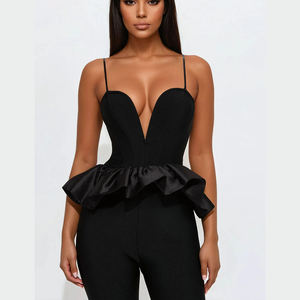 Mono sin mangas con cuello en V profundo, transpirable, de poliéster/algodón, de cintura alta, largo completo, estilo sexy de club, con lentejuelas, al por mayor - Product Image 2