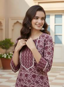 Conjunto de Kurta y Pantalón Recto de Algodón Morado Estampado, Cuello Redondo, Largo hasta la Pantorrilla, Traje Étnico de Uso Diario para Mujer, Tallas M, L, XL, XXL - Product Image 6