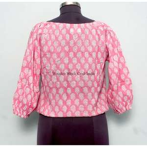 เสื้อครอปสไตล์อินเดียวินเทจสำหรับฤดูร้อน ผ้าฝ้าย 100% พิมพ์ลายดอกไม้ดิจิทัล คอกลม แขนพอง เป็นมิตรกับสิ่งแวดล้อม ระบายอากาศได้ดี สำหรับผู้หญิง - Product Image 6