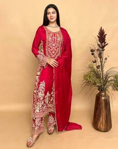 <b>Women</b> Red Silk Embroidered Long <b>Kurta</b> Palazzo Set Traditional Indian Pakistani Ethnic Wear - Product Image 3