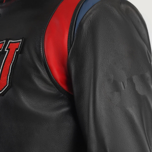 เสื้อแจ็คเก็ตหนัง PU สำหรับผู้ชาย ปักตัวอักษร U สีแดงดำ สไตล์วิทยาลัย แฟชั่นแบบ Preppy เสื้อคลุมลำลองสำหรับฤดูใบไม้ร่วง - Product Image 6