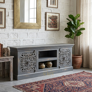 Rustic Solid Wood <b>TV</b> Stand with Carved Panels and Storage Antique <b>Design</b> for Living Room Furniture 50 54 in - Product Image 1
