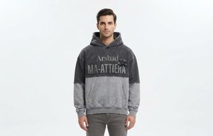 Sudadera con Capucha para Hombre, Color Negro y Gris, Lavado Ácido, Diseño Color Block, Estilo Desgastado, con Bolsillo Canguro y Bordado Gráfico, Estilo Urbano - Product Image 6