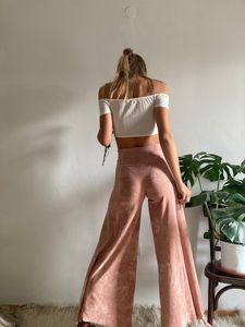 Women's Pink Wide Leg Pants High Waist Elastic Loose Fit Full Length Solid Color Casual Spring Style Knitted Spandex Cotton - Product Image 3