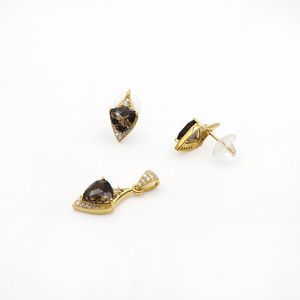 Ensemble de pendentif et de boucles d'oreilles en argent sterling 925 plaqué or avec quartz fumé naturel, bijoux fins OEM ODM de luxe - Product Image 2