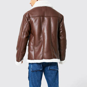 Veste de moto pour homme en cuir véritable doublée de sherpa, imperméable, respirante, coupe-vent, col rabattable, fermeture éclair, manteau d'hiver - Product Image 2