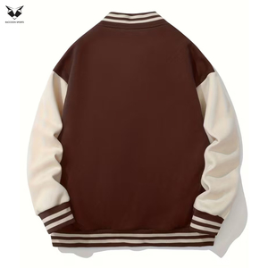 Veste universitaire marron tendance avec manches blanches, logo lettre R, col rabattu, manches longues, pour l'automne – Prix de gros - Product Image 2