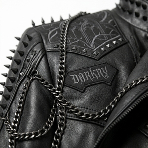 Chaqueta de Cuero Negra con Cadenas y Púas Estilo Gótico Punk para Hombre, Abrigo con Gráficos de Vitral de Catedral, Venta al por Mayor de Fábrica, Servicio Personalizado OEM ODM - Product Image 6