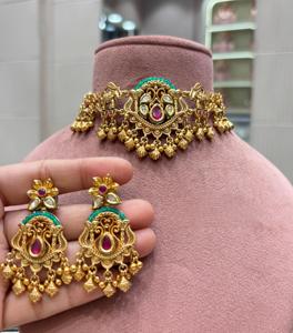 Ensemble collier ras-de-cou et boucles d'oreilles classiques en laiton plaqué or avec moissanite pour femme, cadeau de mariage - Product Image 3