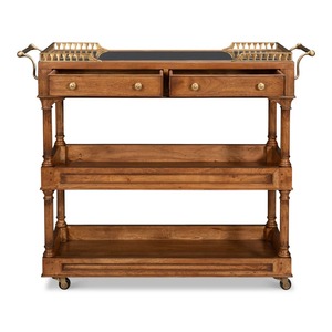 Carrito de Servicio de Madera de Teca Estilo Vintage con Tapa de Latón y Cajón de Almacenamiento, Carrito de Bar Móvil para Comedor, Hotel y Cafetería - Product Image 5