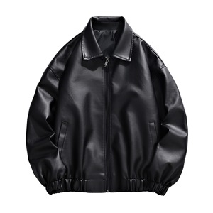 เสื้อแจ็คเก็ตหนัง PU สีดำสำหรับผู้ชาย แขนยาว กันลม สไตล์ฤดูใบไม้ร่วง - Product Image 1
