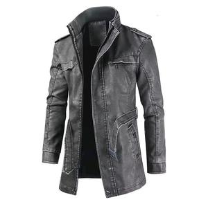 Chaqueta larga de cuero con cuello alto y bolsillos, diseño moderno y a la moda. - Product Image 1