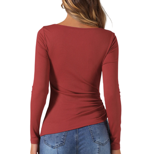 Camiseta roja ajustada para mujer, informal, de cuello redondo, manga larga, diseño personalizado, de algodón y elastano, para pedidos al por mayor - Product Image 3