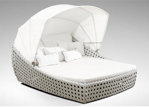 Modern Rattan Sun Lounger With Striped Canopy <b>White</b> <b>Cushions</b> Outdoor Patio Furniture Tropical Design Solid Back Durable - Product Image 5