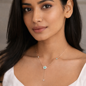Collier en Y minimaliste floral en argent sterling 925 plaqué or rose avec turquoise et diamant serti clos, chaîne pour femme, cadeau - Product Image 5