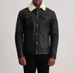 Men's Black Genuine Leather Moto Jacket Turn-down Collar Button Closure Slim Fit Faux <b>Fur</b> Lining Winter Style - Product Image 3