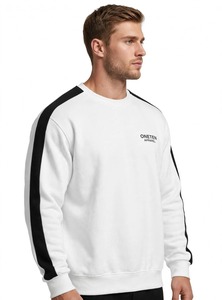ONETEN APPAREL เสื้อสเวตเชิ้ตคอกลมสีขาวสำหรับผู้ชาย ลายแถบสีดำ สปอร์ต พูลโอเวอร์ - Product Image 2