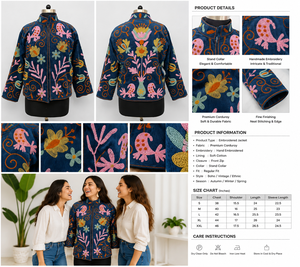 Suzani Embroidery Bomber Jacket Handmade <b>Needlework</b> Women Blue Corduroy Boho Party Wear Bird Motif Side Pockets Vintage Coat - Product Image 2