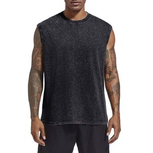 Débardeur sans manches en coton lavé pour homme, col rond, style décontracté uni, noir - Product Image 5