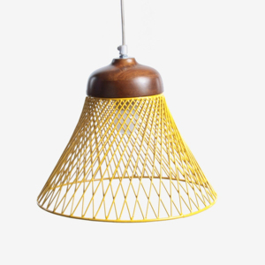 Best Quality Reasonable Price Hanging <b>Top</b> Wood Holder Metal Iron <b>Mesh</b> Round Shape Hanging Pendant Decorative Lamp Yellow Shade - Product Image 2