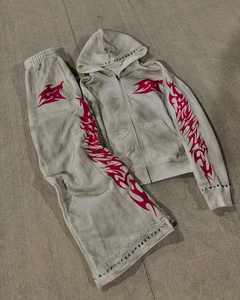 Custom Washed Eco-Friendly 100% Cotton Zip <b>Hoodie</b> Wide Leg Sweatpants Set Premium Casual Winter Streetwear Tracksuit - Product Image 1