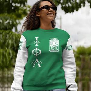 Chaqueta Universitaria Personalizada Iota Phi Lambda, Chaqueta Universitaria Blanca con Verde Esmeralda, Sudadera de la Hermandad Iota Phi Lambda - Product Image 2
