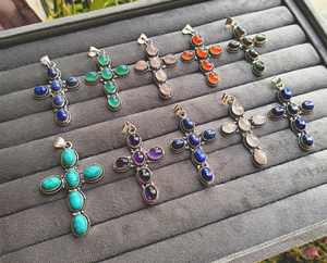 Bohemian Gemstone Cross Pendant Handmade Vintage Brass Antique Silver Plated Spiritual Unisex Necklace Charm Wholesale Bulk - Product Image 2