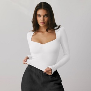 Body de Manga Larga con Cuello Cuadrado para Mujer, Ajustado, de Color Sólido, Tejido de Punto, Transpirable, Estilo Minimalista, para Todas las Temporadas - Product Image 2