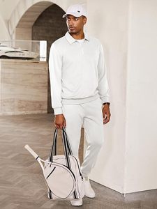 Ensemble de survêtement pour homme, sweat-shirt blanc à demi-zip, couleur unie, coton, vêtements de jogging décontractés, manches longues, pantalon à cordon de serrage, coupe régulière - Product Image 4