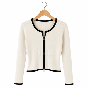 HMR Sisterhood Sorority Acrylic Cream Knitted Cardigan Long Sleeve O-Neck <b>Zipper</b> Front Casual <b>Top</b> Contrast Trim - Product Image 5