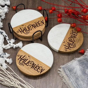 Ensemble de sous-verres en bois et marbre sur le thème d'Halloween avec support, empêche les marques de chaleur du thé chaud, du café et des boissons, en provenance d'Inde - Product Image 2