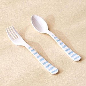 White Plastic Fork And Spoon Set With Blue Striped Handles Reusable Camping <b>Flatware</b> Nordic Design Matte Finish - Product Image 2