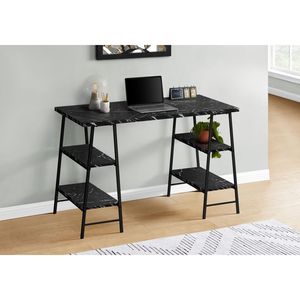 Modern 48\"L Home <b>Office</b> <b>Computer</b> Desk with Black Marble Look Laminate Black Metal & Contemporary Style for Laptop Storage - Product Image 5