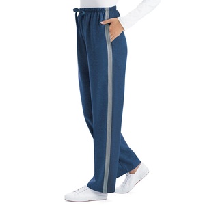 Pantalon de jogging en tricot bleu pour femme avec bande latérale, taille à cordon de serrage, coupe ample, décontracté, longueur intégrale, en coton, de BD - Product Image 1