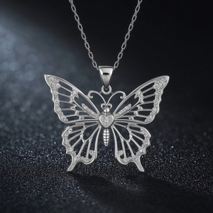 Collier pendentif papillon en or massif 14 carats avec ailes serties de diamants et motif cœur, bijoux fins, collier élégant et luxueux pour femmes - Product Image 3