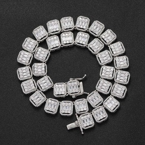 Mens 925 Silver Moissanite Baguette Iced Tennis Chain Pave Square Link Luxury <b>Statement</b> <b>Necklace</b> For Men - Product Image 1