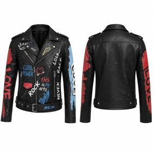 Chaqueta de Cuero Negra de Manga Larga con Diseño Frontal Estampado con Arte Rock y Texto de Amor, Estilo Motociclista para Todas las Temporadas - Product Image 1