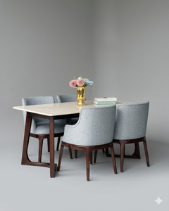 Juego de Comedor Moderno Premium de 6 Piezas, Mesa con Tapa de Piedra Blanca, Sillas de Comedor con Respaldo de Tela, Muebles para el Hogar de Madera de Teca Acanalada - Product Image 1